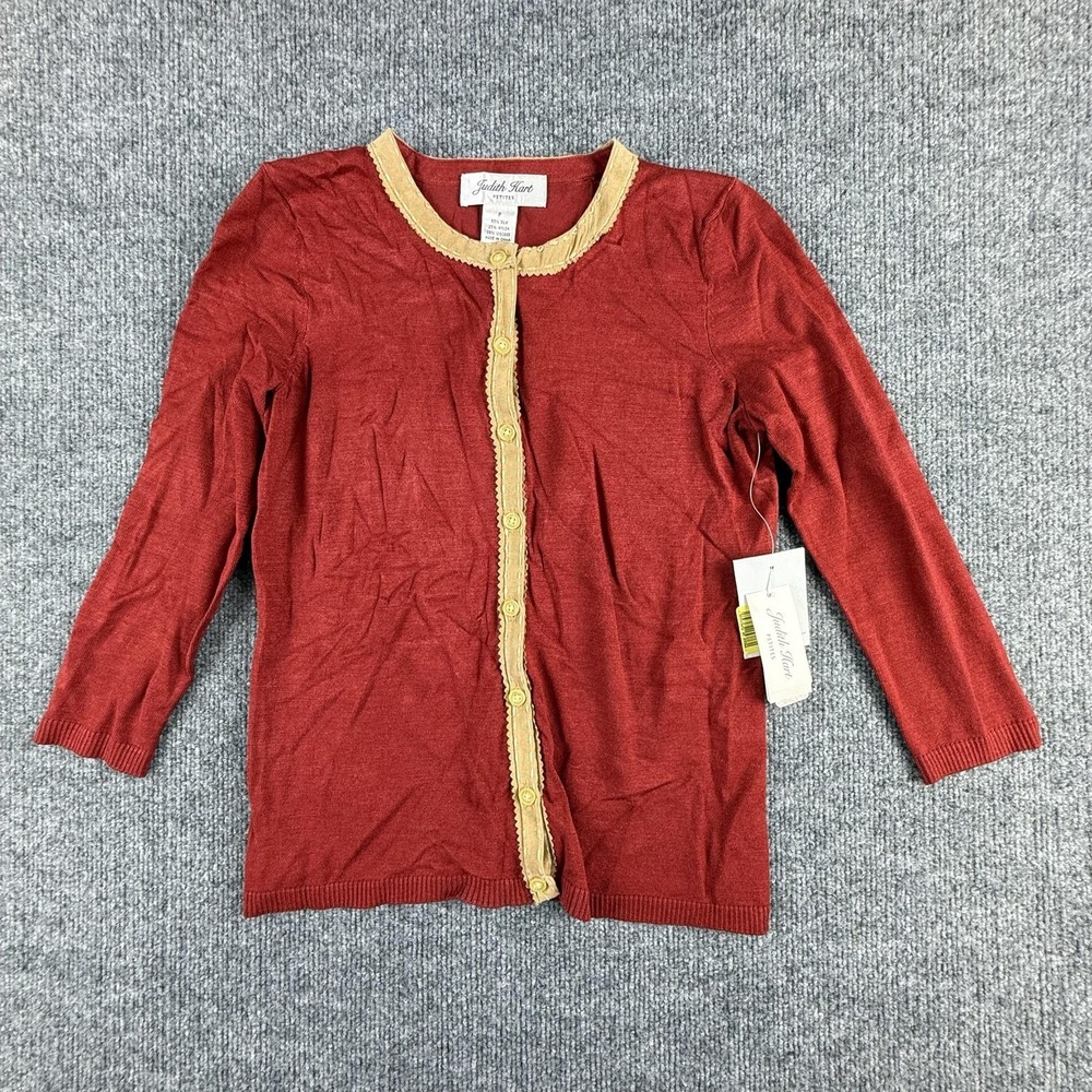 Judith Hart Cardigan Sweater Womens Petite P Red Silk Blend Ruffle Button Front